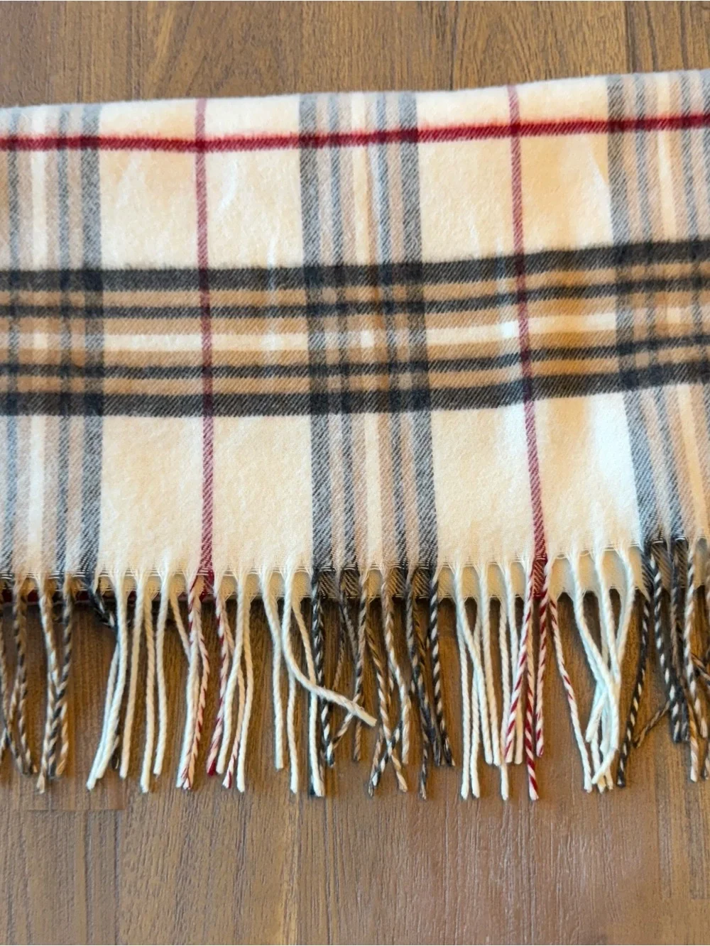 Cashmink V. Fraas Plaid Scarf Cream Beige Red Fringe Soft Wrap Made in Germany
